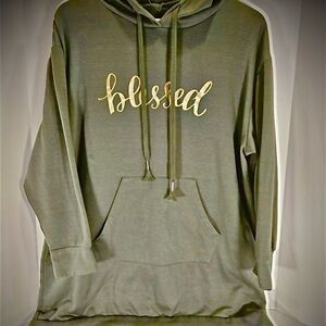 Coco and Shay Women Hoodie 3X Green. Pouch pocket. Gold Blessed writing.